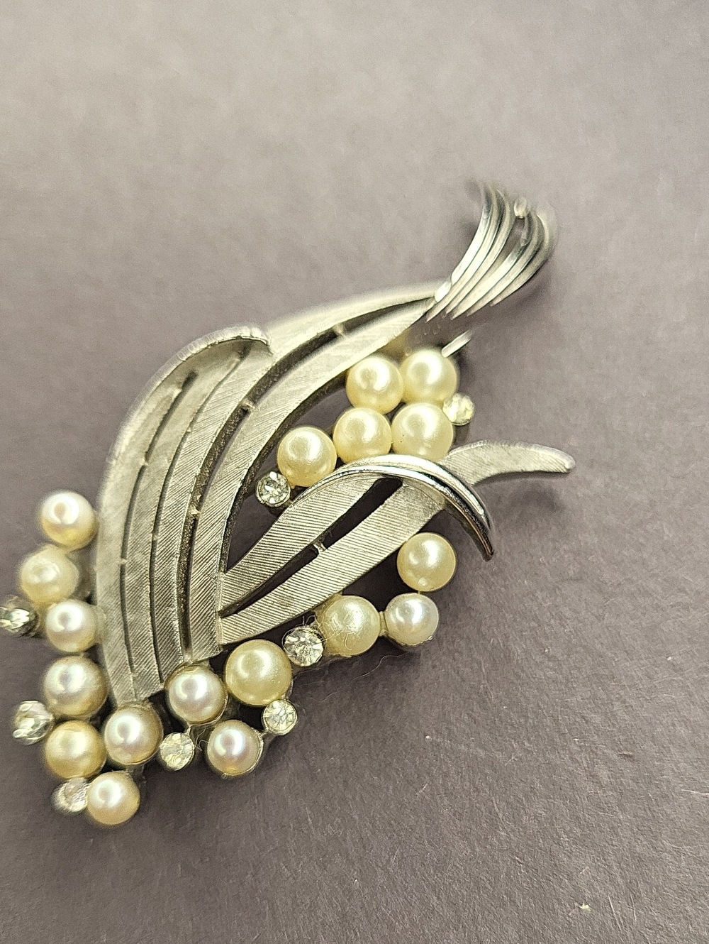 Silver-Tone Pearl & Crystal Leaf Brooch - Silver and Cream